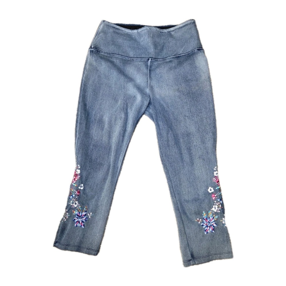 Athena Marie Denim Leggings Embroidered Floral Stretch Pull On Capri Jeans L